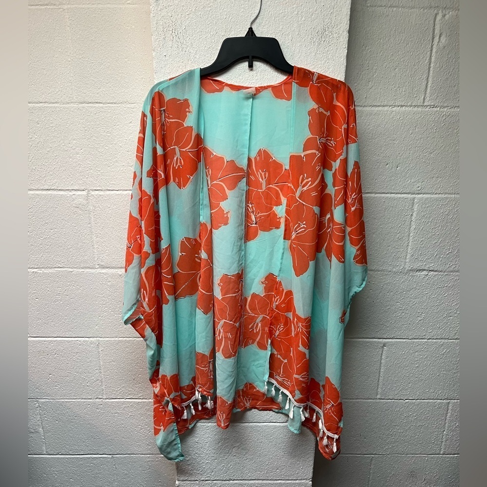 Floral Kimono Cardigan in Aqua and Orange